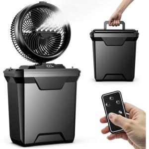 imageKoonie 10 Inch Camping Misting Fan 11L Tank 20000mAh Cooling Battery Floor Fan with Remote 4 Timers 4 Speeds 3 Mist Modes 4590 Oscillation 10 Tilt Portable for Outdoors Patios Travel